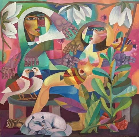 Twee figuren met bloemen en dieren